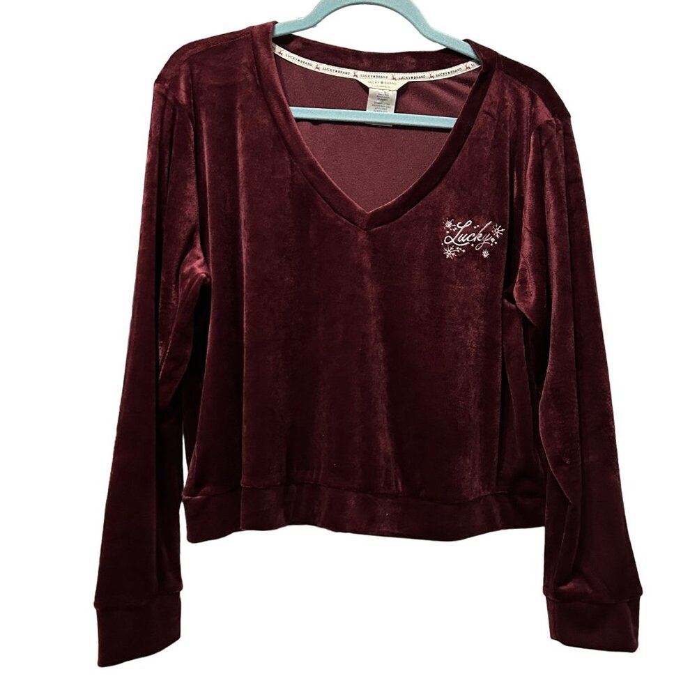 Lucky Brand size XL winter themed burgundy velour long sleeve v neck cropped top